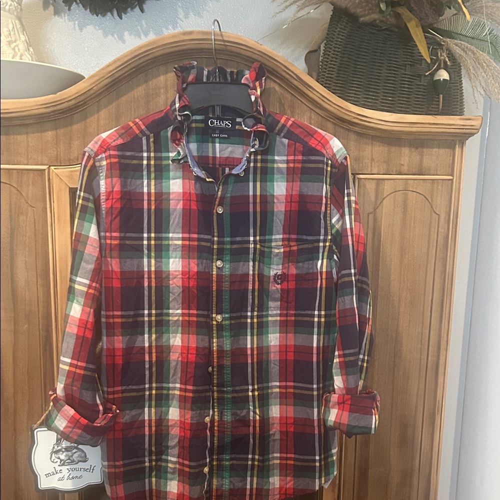 Chaps Ruffle Collar Multicolor Plaid Button Down … - image 1